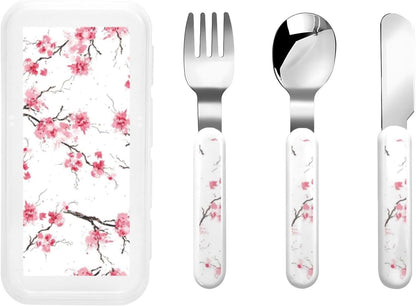 Stainless Steel Kids Silverware Set, Cherry Blossom Utensil Set Reusable Children Safe Knife Spoon Fork Set With Storage Case Dishwasher Safe For Lunch, Travel Outdoors