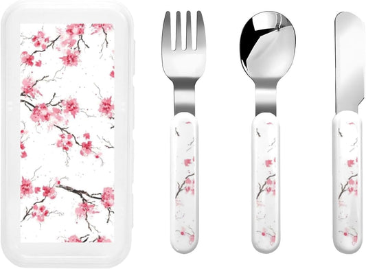 Stainless Steel Kids Silverware Set, Cherry Blossom Utensil Set Reusable Children Safe Knife Spoon Fork Set With Storage Case Dishwasher Safe For Lunch, Travel Outdoors