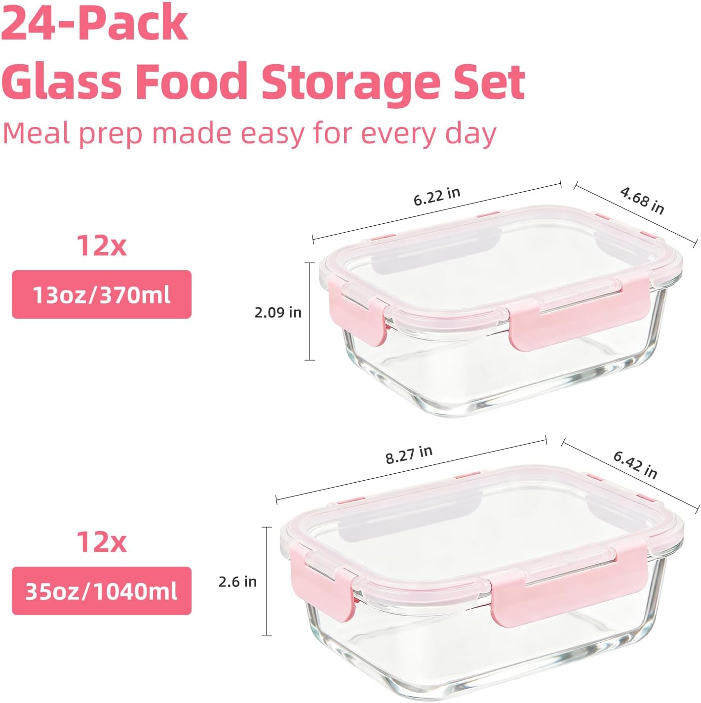 Konokyo Square Glass Food Storage Containers with Lids, 12 Pack Airtight Leakproof Meal Prep Containers, BPA-Free, Microwave Oven Freezer & Dishwasher Safe, Assorted Sizes