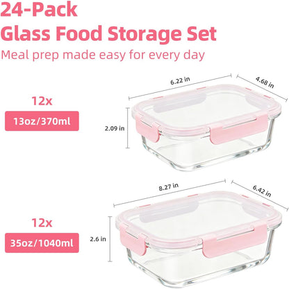 Konokyo Square Glass Food Storage Containers with Lids, 12 Pack Airtight Leakproof Meal Prep Containers, BPA-Free, Microwave Oven Freezer & Dishwasher Safe, Assorted Sizes