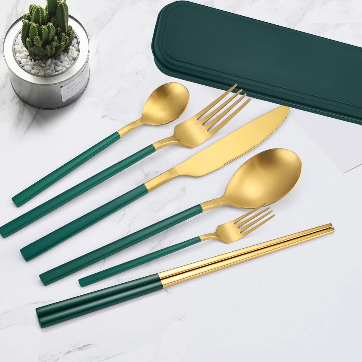 AARAINBOW 6 Pieces 18/8 Stainless Steel Flatware Set Portable Reusable Cutlery Set Travel Utensils Set Including Chopsticks Knife Fork Spoon Straws Cleaning Brush Dishwasher Safe (Green golden)