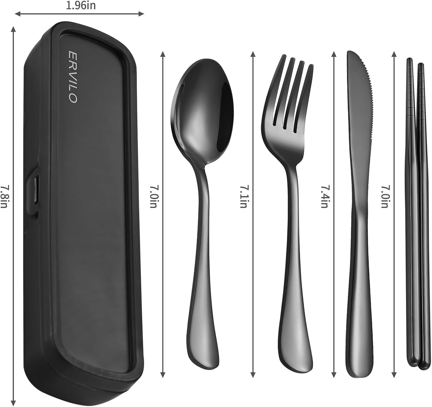 Travel Utensils with Case, Stainless Steel Camping Cutlery Set, Reinforced Case with Snap-Lock Closure, Include Fork Spoon Knife Chopsticks, Portable Lunch Box Silverware for Picnic Office, Black
