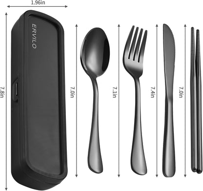 Travel Utensils with Case, Stainless Steel Camping Cutlery Set, Reinforced Case with Snap-Lock Closure, Include Fork Spoon Knife Chopsticks, Portable Lunch Box Silverware for Picnic Office, Black