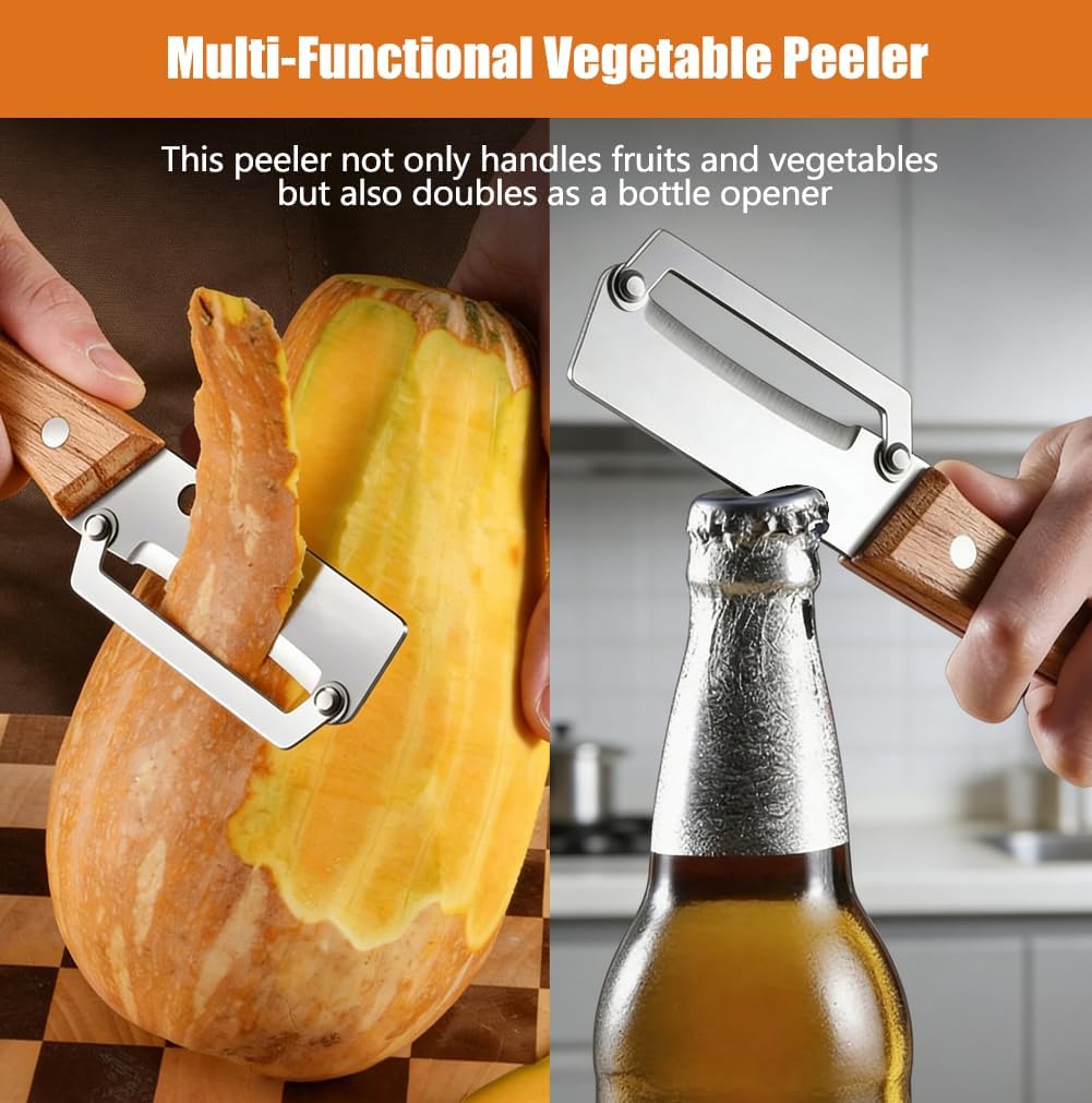 Multi-Functional Vegetable Peeler for Kitchen, Stainless Steel Vegetable and Fruit Peeler with Wooden Handle and Bottle Opener, Peelers for Kitchen, for Fruit Pumpkin Papaya Potato Carrot Apple