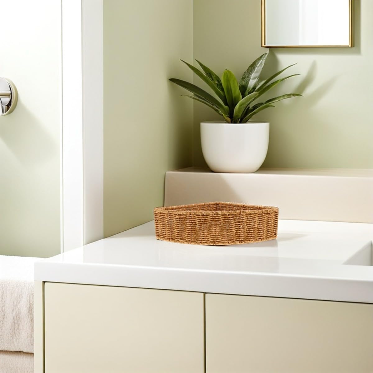 Sturdy Triangle Corner Basket with Imitation Rattan Weaving, 10-inch Fan Shaped Storage Bin for Wardrobe and Home, Easy Access Corner Makeup Organizer for Fruit and Snacks