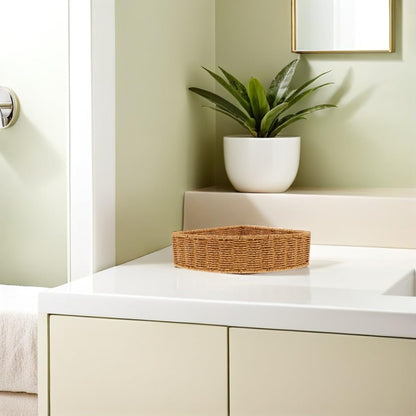Sturdy Triangle Corner Basket with Imitation Rattan Weaving, 10-inch Fan Shaped Storage Bin for Wardrobe and Home, Easy Access Corner Makeup Organizer for Fruit and Snacks