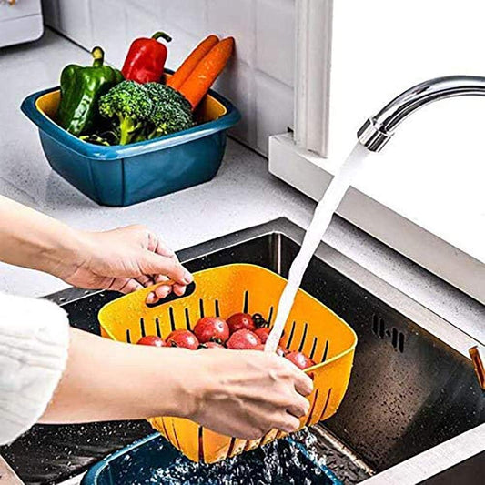 Colander Set with Strainer Bowl, Kitchen Colander with Lid Household Double Layer Fruit Washing Basket Multifunction Storage Containers for Fruits Vegetable (Blue)