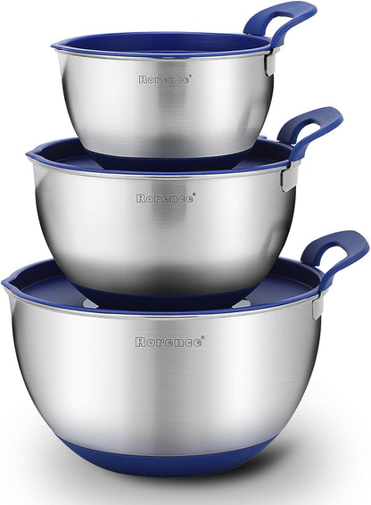 Rorence Stainless Steel Mixing Bowls: Stackable Mixing Bowl Set with Lids and Handles Non-slip Silicone Bottom Nesting Bowls for Kitchen Set of 3 - Black