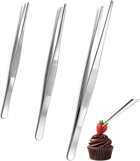 3PCS Stainless Steel Tweezer Set (8", 10", 12") – Precision Grip Tongs for Cooking, Plating, BBQ, Aquarium, Crafting & Lab Use, Long Reach, Non-Slip Control, Durable Rust-Resistant Tools