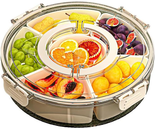 Rotating Fruit Storage Container with Lid, 6-Section Snack Organizer, Airtight Tray with Handle for Fruits, Nuts, Candy
