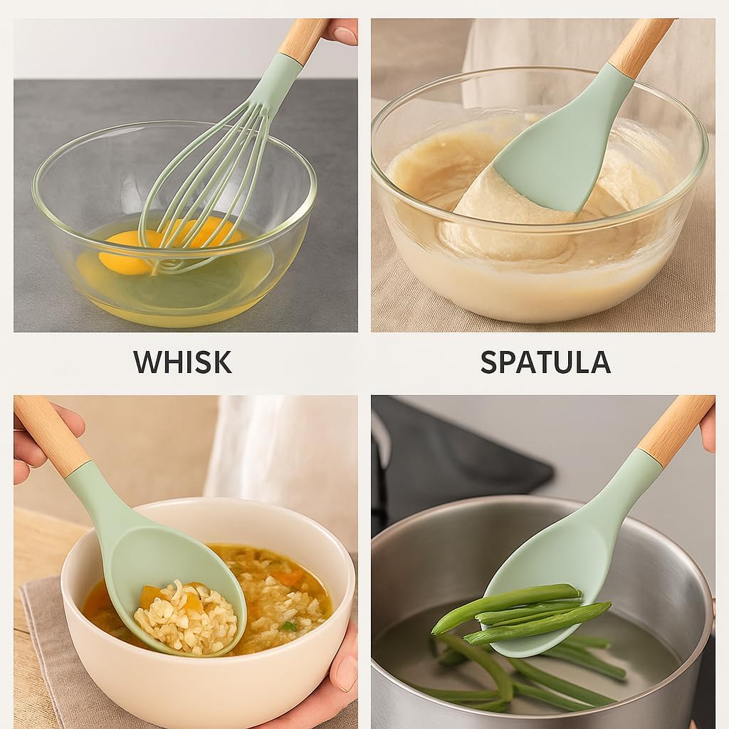 MaxLife Silicone Cooking Utensil Set with Holder, 12-Piece – Sage Green, Wooden Handles – Heat Resistant, Nonstick Safe Spatulas, Spoons, Turner, Tongs & Whisk – Premium Kitchen Tool Set