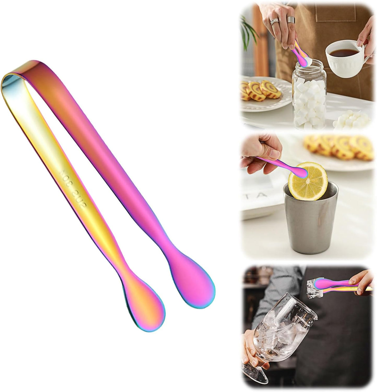 4.33 Inch Stainless Steel Ice Tongs for Ice Bucket，Metal Sugar Cube Mini Tongs，Set of 3 (Black-A)