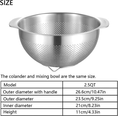 18/8 Stainless Steel Microwell Colander, 3.5QT Large Capacity with Handle Kitchen Food Strainer Basket for Washing Vegetables, Fruits, Rice, and Pasta (primary colour, 3.5QTColander+3.5QT Mixing bowl)