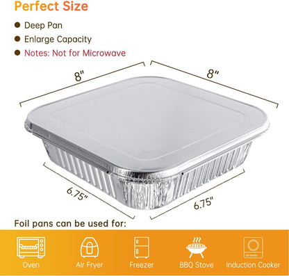 8x8 Aluminum Pans - 20 Pack Disposable Foil Pans, Heavy Duty Square Aluminum Baking & Roasting Trays for Meal Prep, Food Storage, Heating & Party Serving