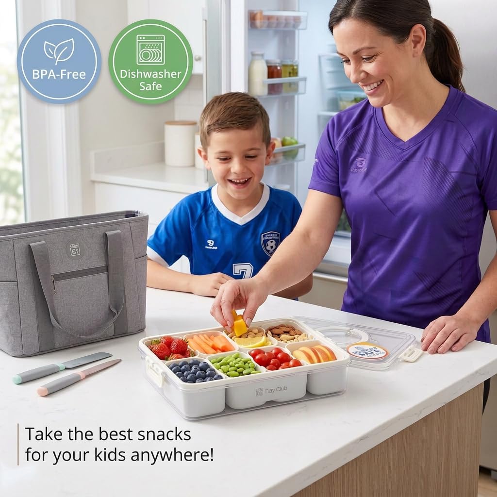 Dishwasher Safe Snackle Box Container 11 Removable Compartments - Divided Serving Tray with Lid and Handle - Portable Snack Box BPA Free - Premium PCTG Plastic Beach Snack Containers