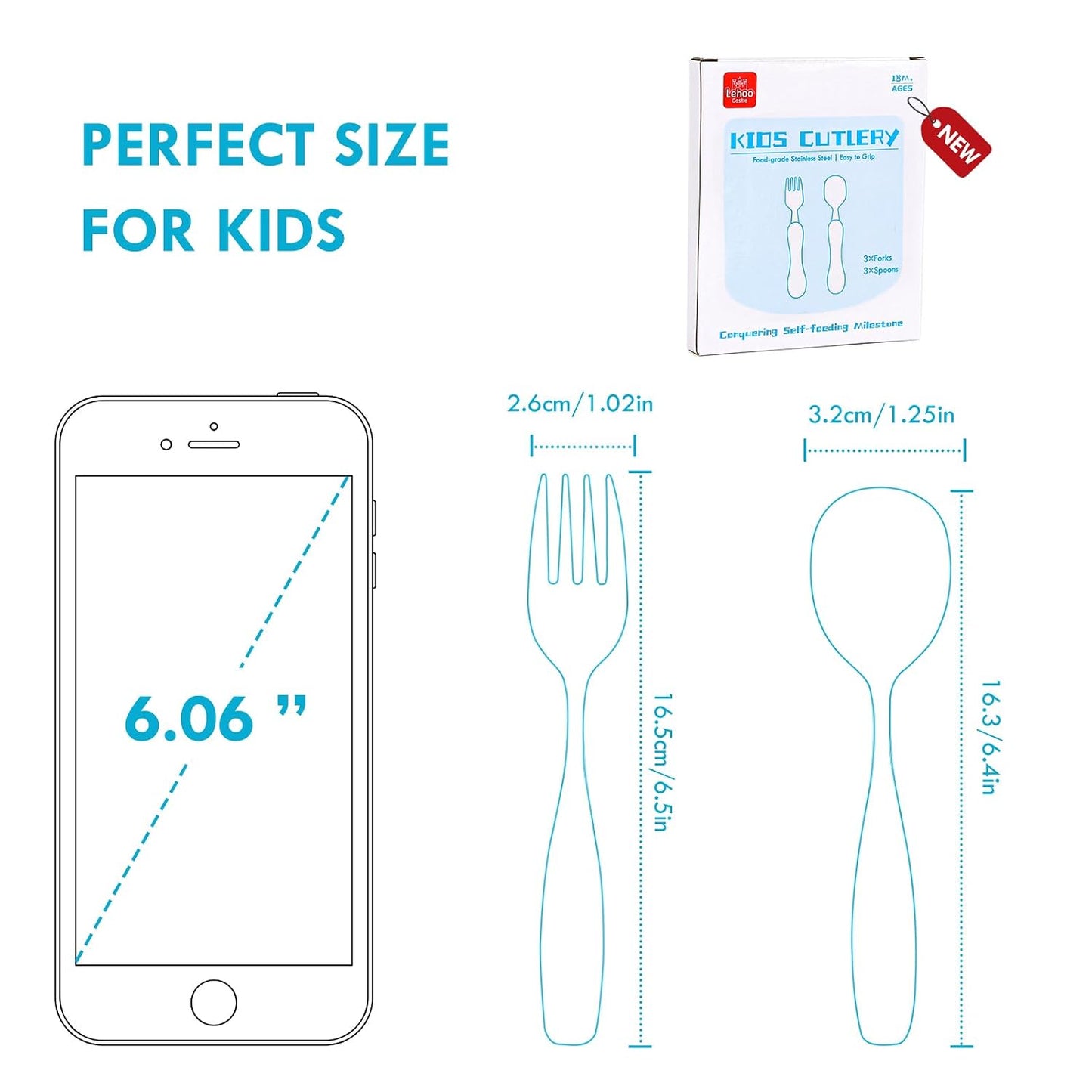 Lehoo Castle 6 Pieces Toddler Utensils, Kids Silverware for 2 3 4 Years Old, Stainless Steel Fork and Spoon Set with Plastic Handle, Safe Toddler Cutlery (Dinosaur)