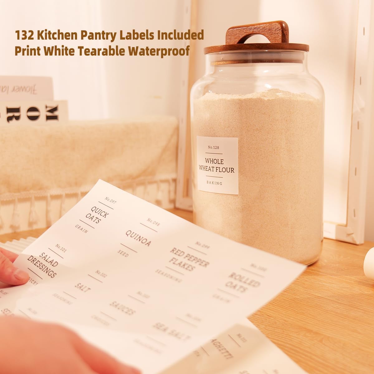 2 Pack Large Glass Flour and Sugar Containers with 132 Pantry Labels - 64 FL OZ Glass Canisters with Bamboo Airtight Lids - Farmhouse Glass Cookie Jars for Rice, Pasta, Cereal, Bath Salt