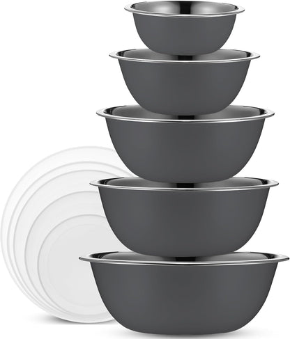 WHYSKO Stainless Steel Mixing Bowl Set, 10 Piece Stainless Steel Mixing Bowls with Lids Set for Food Prep Storage and Serving, Dishwasher Safe for Kitchen Baking Cooking, Silver