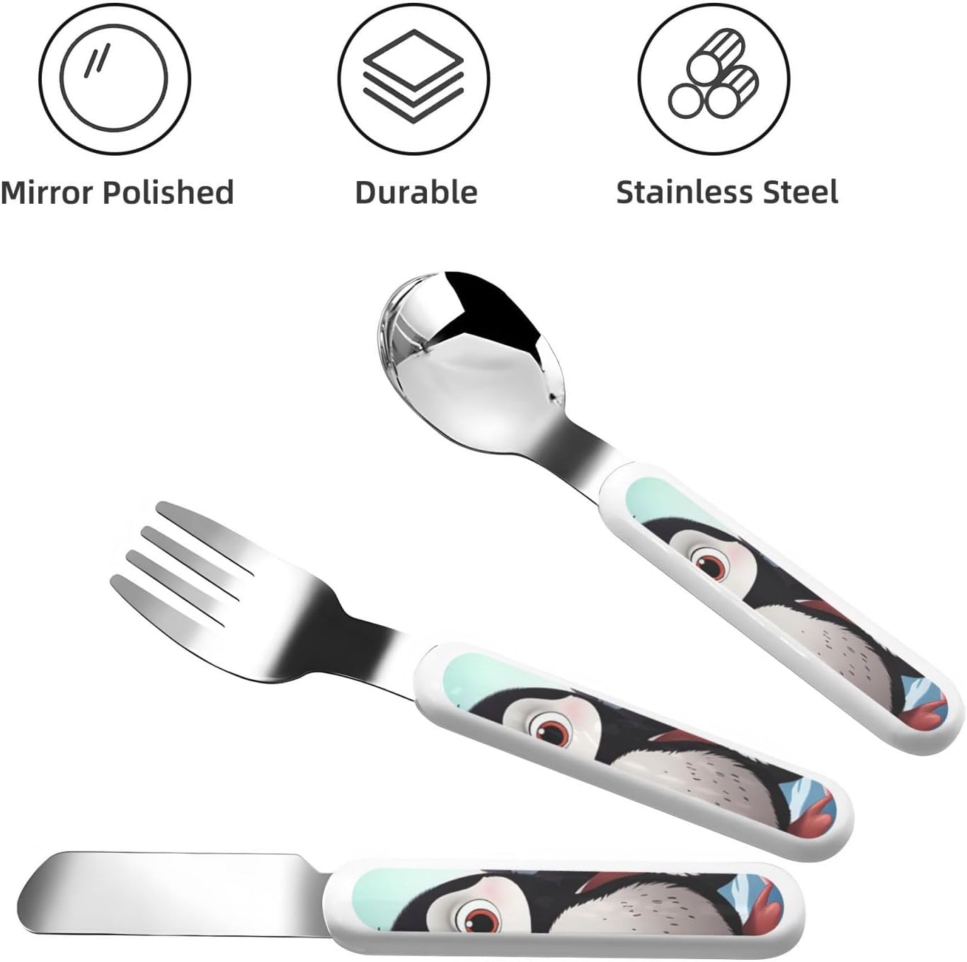 3-Piece Children Utensils Set Five cute penguins Knife Spoon Fork Set Stainless Steel Silverware Set Easy-Grip Reusable Utensils Set Child Flatware Set with Case for Lunch Travel