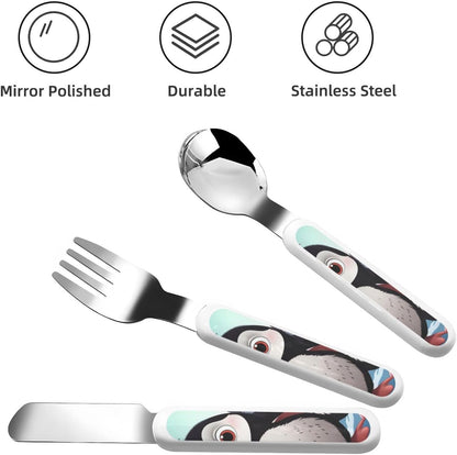 3-Piece Children Utensils Set Five cute penguins Knife Spoon Fork Set Stainless Steel Silverware Set Easy-Grip Reusable Utensils Set Child Flatware Set with Case for Lunch Travel