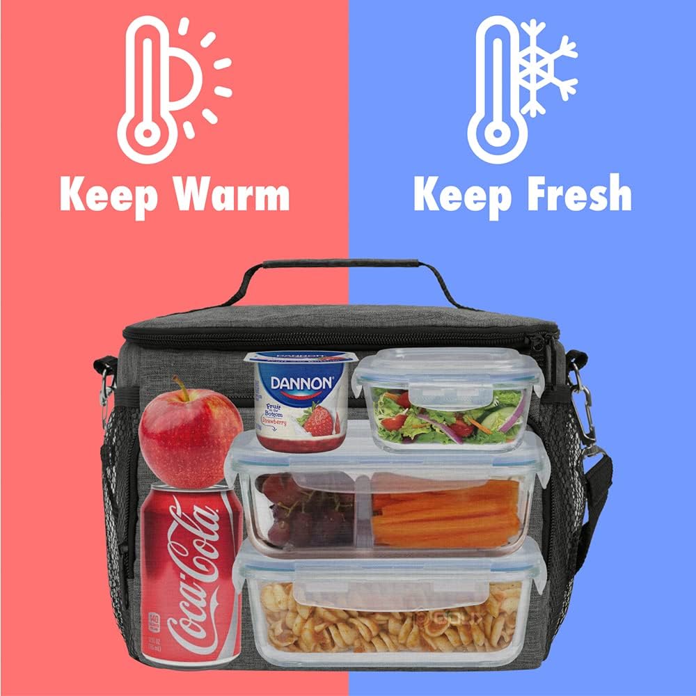 opux Insulated Lunch Bag for Men Women, Large Dual Compartment Cooler Bag, Soft Two Deck Lunch Box for Work School Picnic, Leakproof Lunch Tote with Shoulder Strap for Kid Adult (Purple, Double Deck)