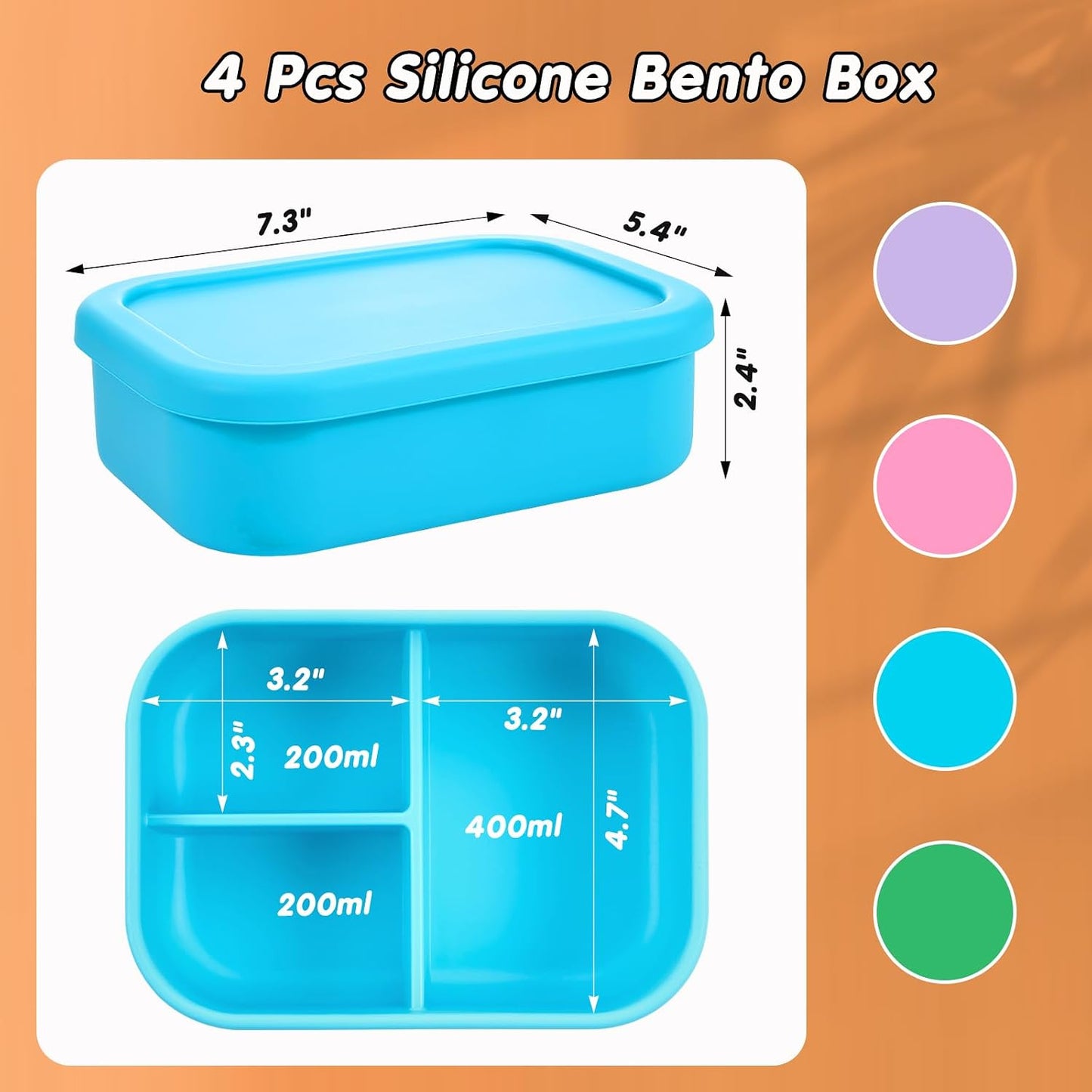 Layhit 4 Pcs Silicone Bento Box for Adults, 27 oz Bento Lunch Container Reusable 3 Compartment Lunchable Food Container for Women Men, Leak Proof Microwave Dishwasher Freezer Safe (Cool Colors)