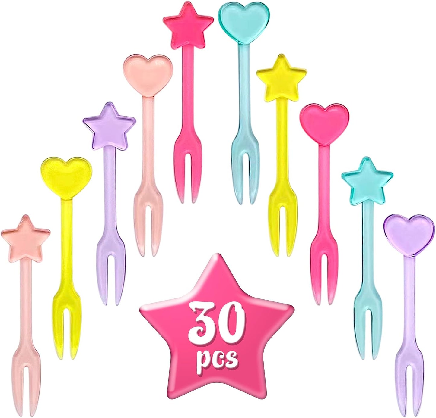 GET FRESH 30 Forks for Kids - Fruit Picks, Bento Box Picks, Reusable Mini Toothpick Sticks, Heart Dessert Forks for Children Party and Lunch Box