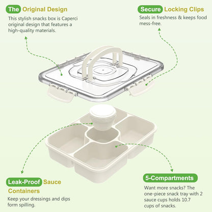 Caperci Large Portion Snackle Box Container - 5 Compartments Veggie Fruit Snack Divided Serving Tray with Lid and Dip Container for Party Picnic, Leak-Proof, Dishwasher Safe, BPA-Free (10.7 Cups)