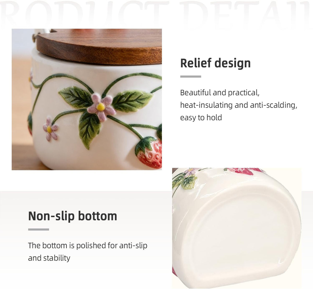 Ceramic Salt Cellar Strawberry Relief Lid Jar Spoon
