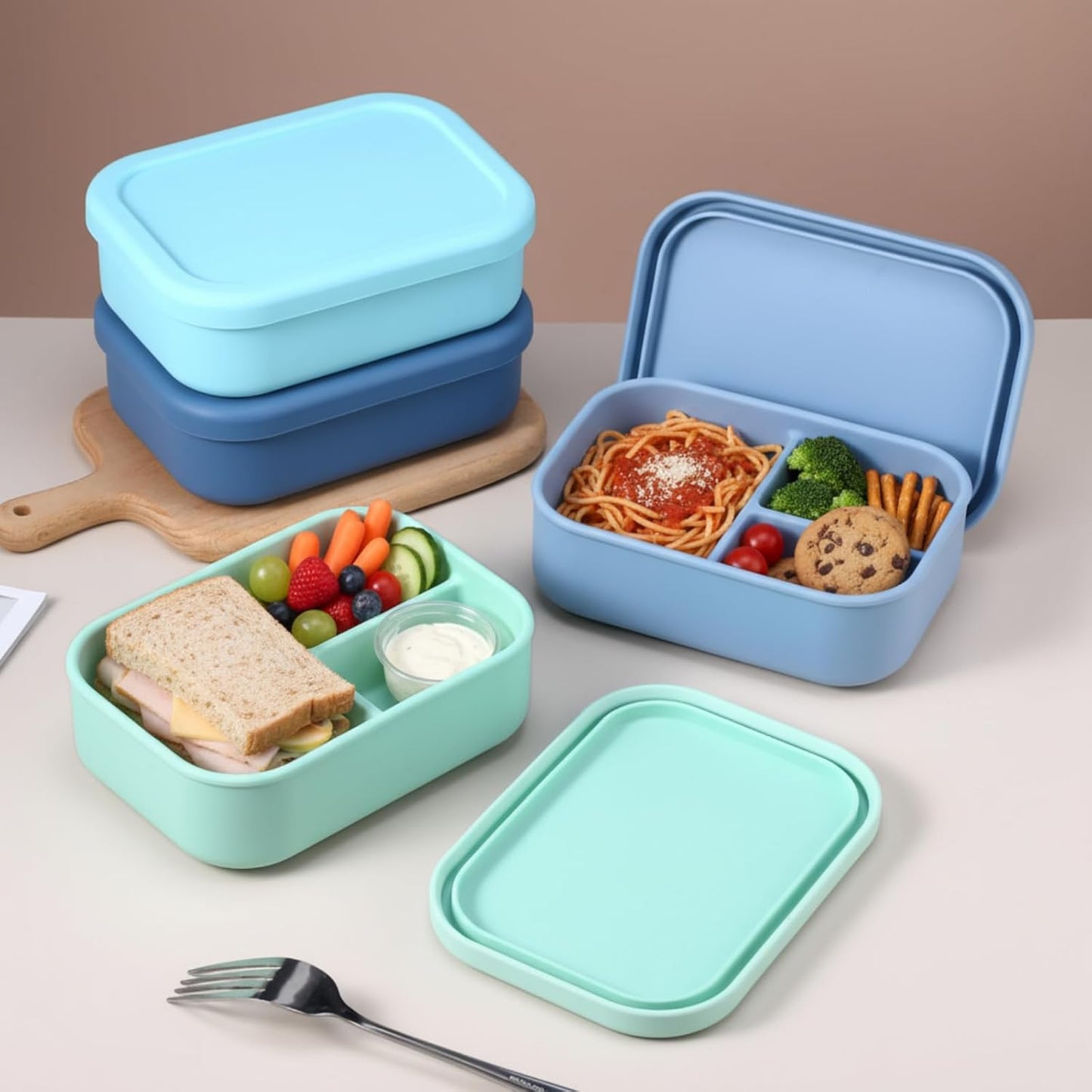 Honeydak 6 Pcs Silicone Bento Box Reusable Silicone Bento Lunch Container for Adults Microwave Dishwasher Freezer Safe 3 Compartment (Light Colors)