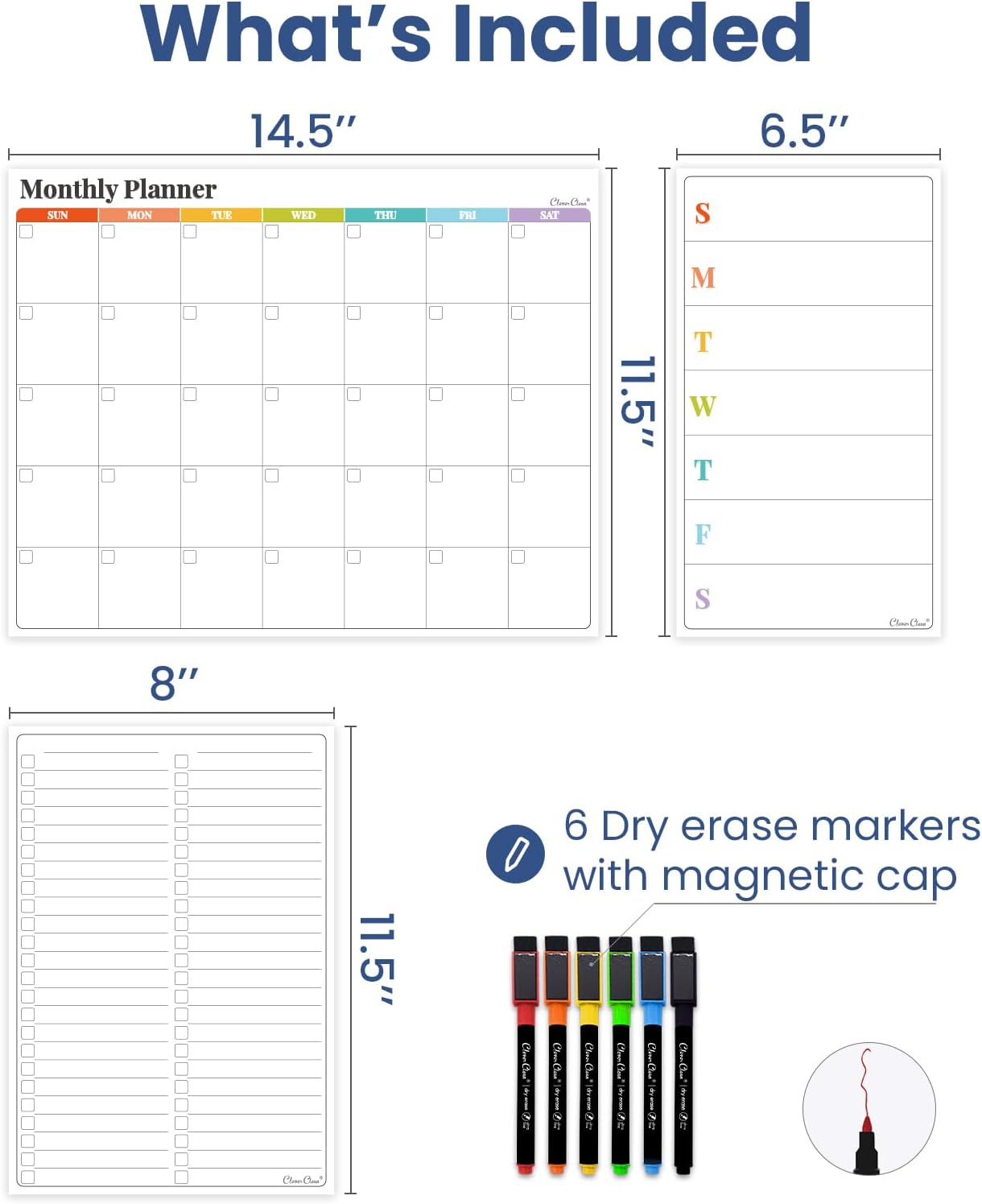 Non-Magnetic Dry Erase List for Fridge - Reusable 8"x11.5" List and Weekly Planning Board Stick to Most Smooth Surfaces - 3 Dry Erase Markers Included