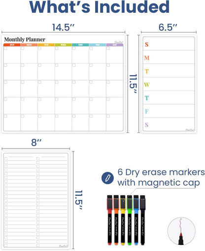 Non-Magnetic Dry Erase List for Fridge - Reusable 8"x11.5" List and Weekly Planning Board Stick to Most Smooth Surfaces - 3 Dry Erase Markers Included