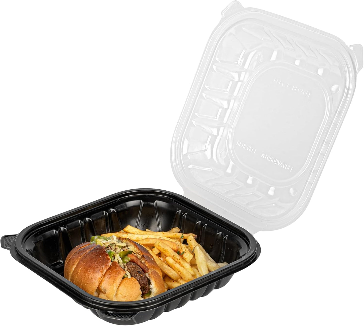 Thermo Tek 40 Ounce Clamshell Containers, 50 Disposable Take Out Boxes - 3 Compartments, Ventilated Lids, Black Plastic Meal Prep Containers, Microwavable, For Pasta Or Salads - Restaurantware