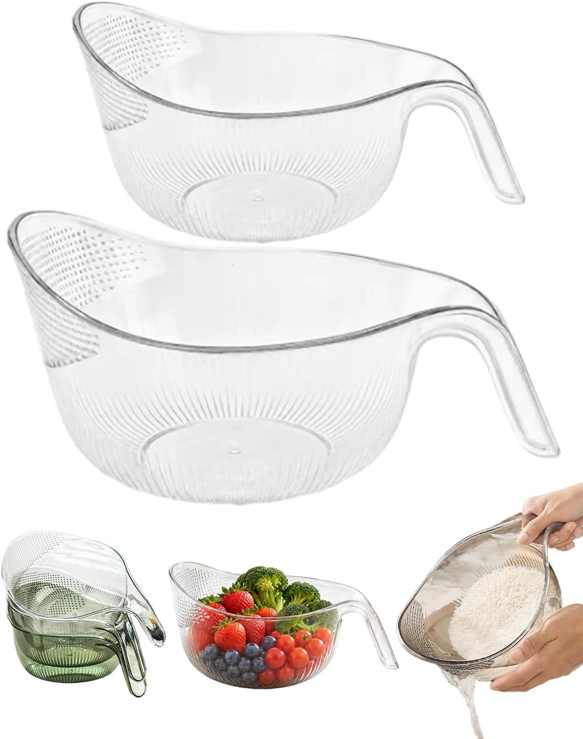 Multipurpose Rice Washing Bowl Strainer with Handle，Transparent：Small+Large