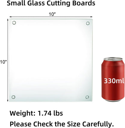 Hacaroa Set of 4 Tempered Glass Cutting Board, 10"x10" Small Square Chopping Board with Rubber Feet, Non-slip Placemat Tray for Kitchen Countertop, Shatter-Resistant, Clear