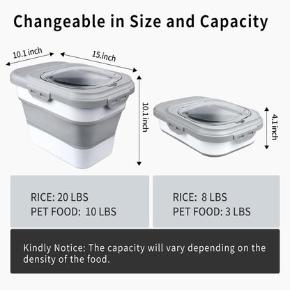Komzon Rice Storage Container, Collapsible Airtight Food Storage Containers 6-20 Lbs, Rice Dispenser with Measuring Cup and Small Bin for Flour Cereal Pasta Grain, Cat Pet Dog Bird Food Container