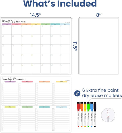 Non-Magnetic Dry Erase List for Fridge - Reusable 8"x11.5" List and Weekly Planning Board Stick to Most Smooth Surfaces - 3 Dry Erase Markers Included