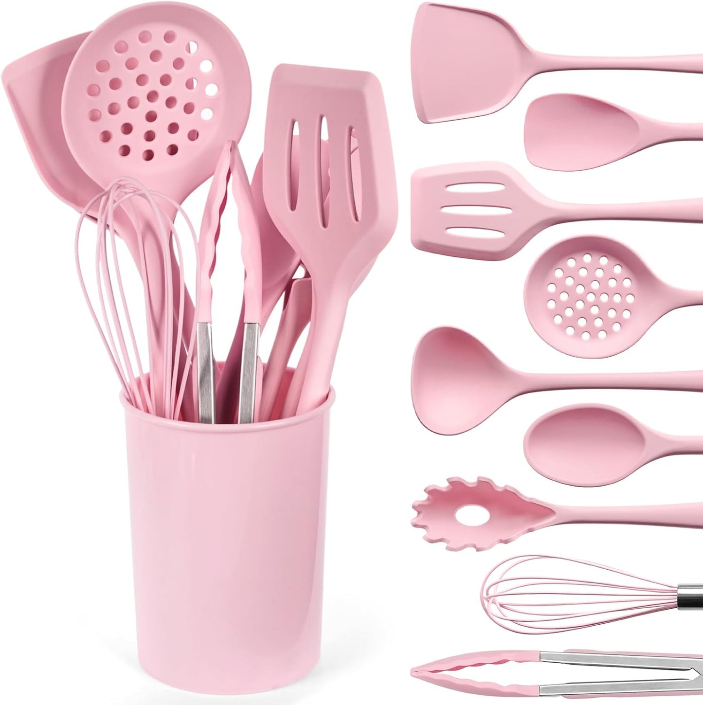 LOVEINUSA 10-Piece Silicone Kitchen Utensils Set with Holder - Pink Non-Stick Cooking Tools, 446°F Heat Resistant Spatula Set, Dishwasher Safe