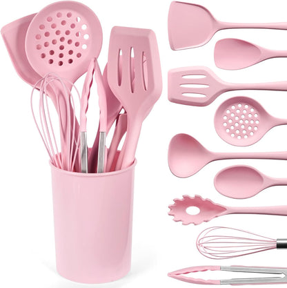 LOVEINUSA 10-Piece Silicone Kitchen Utensils Set with Holder - Pink Non-Stick Cooking Tools, 446°F Heat Resistant Spatula Set, Dishwasher Safe