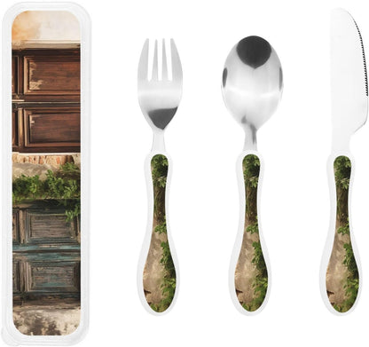 3-Piece Kids Silverware Set With Storage Case, Stainless Steel Reusable Children Safe Knife Spoon Fork Set Tropical Sunset Seaside Children Flatware Set For Kids Lunch Box