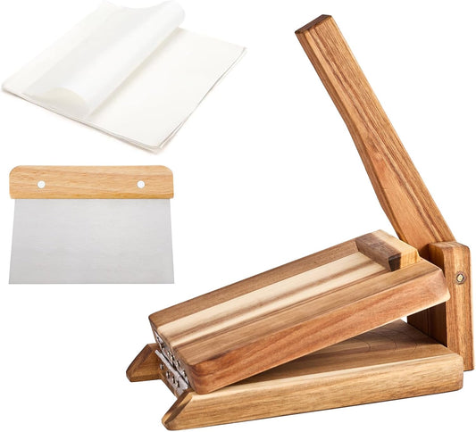 Wooden Tortilla Press with 50pcs Parchment Paper & Stainless Steel Dough Scraper, Large Mexican Square Flour Tortillera Presser Homemade for Tortillas Roti Burrito, Tacos, Pataconera, 10 inch