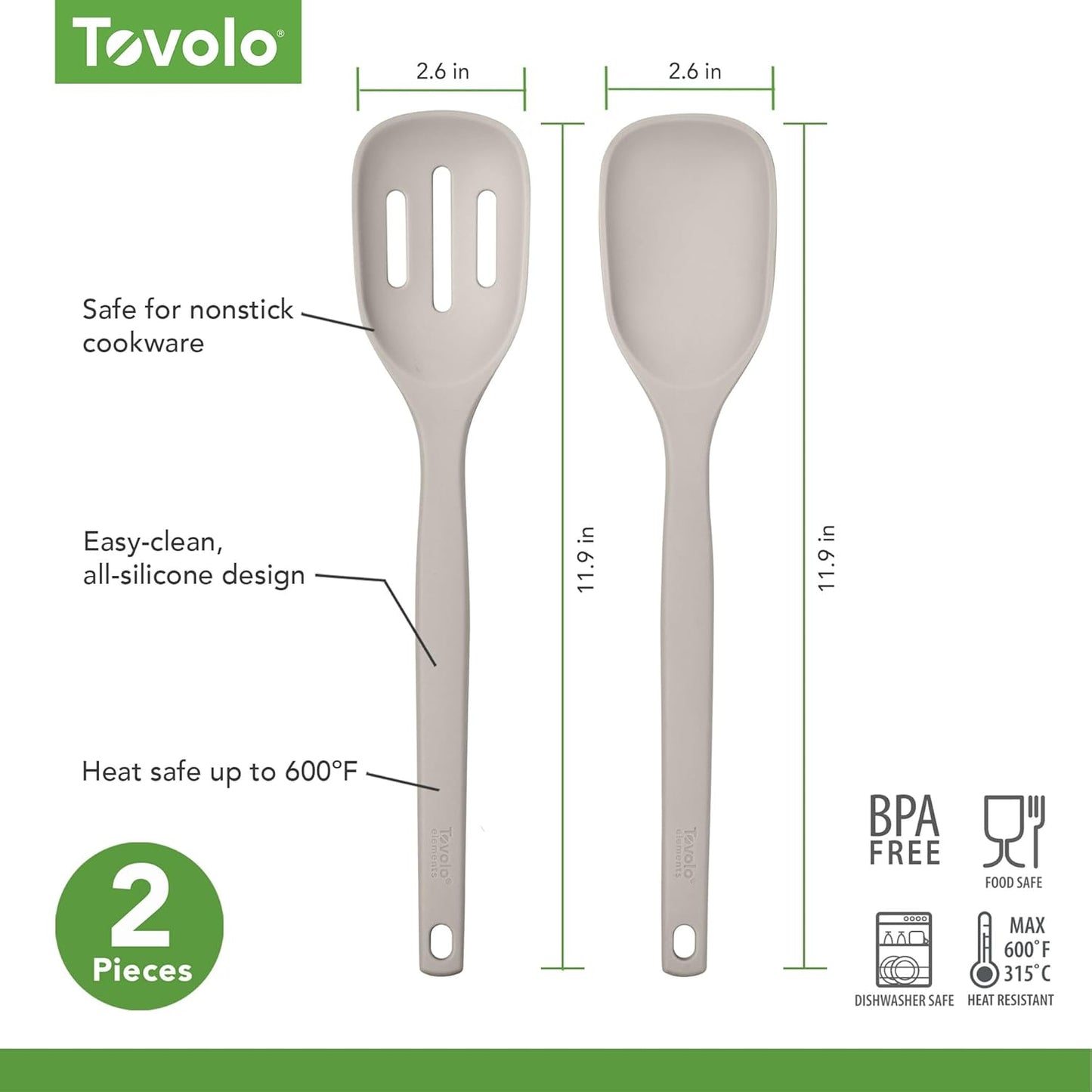 Tovolo Elements Silicone Spoon Set of 2 Mixing and Slotted Spoon Bundle for Non Stick Cooking Mixing Serving, Dishwasher Safe Heat Resistant Slotted Spoon and Mixing Serving Spoon, Oatmeal