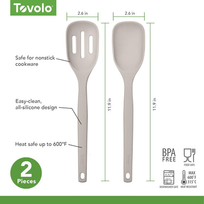 Tovolo Elements Silicone Spoon Set of 2 Mixing and Slotted Spoon Bundle for Non Stick Cooking Mixing Serving, Dishwasher Safe Heat Resistant Slotted Spoon and Mixing Serving Spoon, Oatmeal