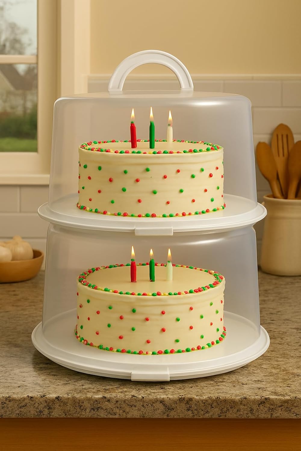 2 Reusable Cake Carriers with Lids 12x12x4.75 Inch BPA Free Lightweight Plastic Containers Fits 10-Inch Cakes – Freezer Safe Stackable Storage with Handles for Transport