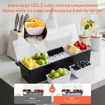 Large Ice Chilled Condiment Caddy，Chilled Condiment Containers Server with Lids for 5 Removable Compartments ，Serving Platters , Fruit & Garnish Tray for Party Supplies & Bar Accessories-Transparent
