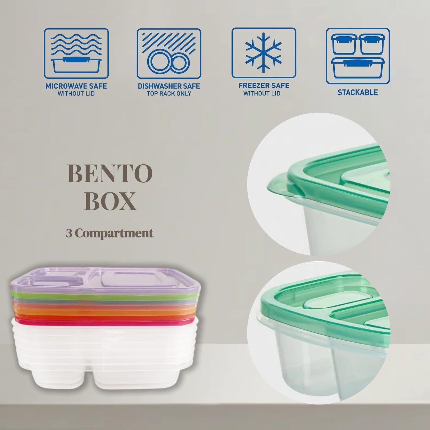 WEEK NINE Bento Lunch Boxes - Reusable 3-Compartment Food Containers for School, Work, and Travel, Set of 7