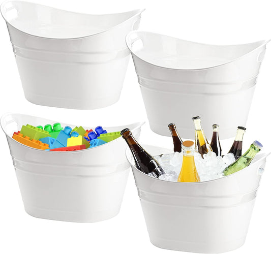 ZEAYEA 4 Pack Beverage Tub, 18L Plastic Beer Bottle Bucket with Handles, White Party Tub for Drinks, Plastic Buckets for Ice Wine Beer Bottle Cooler