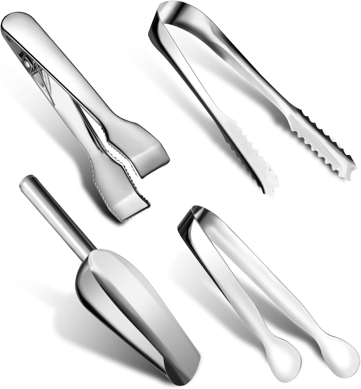 Sieral 4 Pieces Silver Ice Tongs and Scoops for Ice Bucket Stainless Steel Serving Tongs with Teeth Metal Shovel Scooper for Sugar Cubes Tea Party Coffee Food Buffet Cocktail Bar BBQ Party Supply