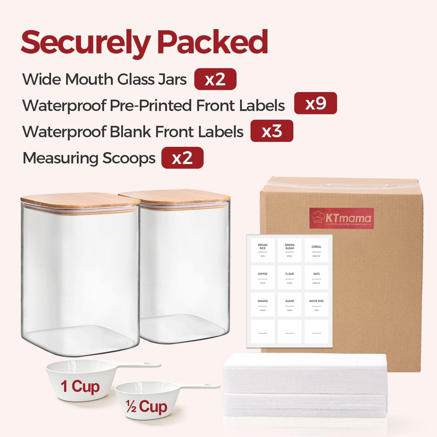 2-Pack 1 Gallon Square Glass Flour and Sugar Containers with Lids, Large Airtight Pantry Jars for Baking - Glass Canisters with Scoops & Labels for Bulk Food