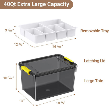 40Qt Stackable Storage Bins with Lids & Trays, Clear Plastic Latching Boxes Organizers with Dividers Portable 10Gal Containers for Arts & Crafts, Home and Car Trunk Organization, 2Pack